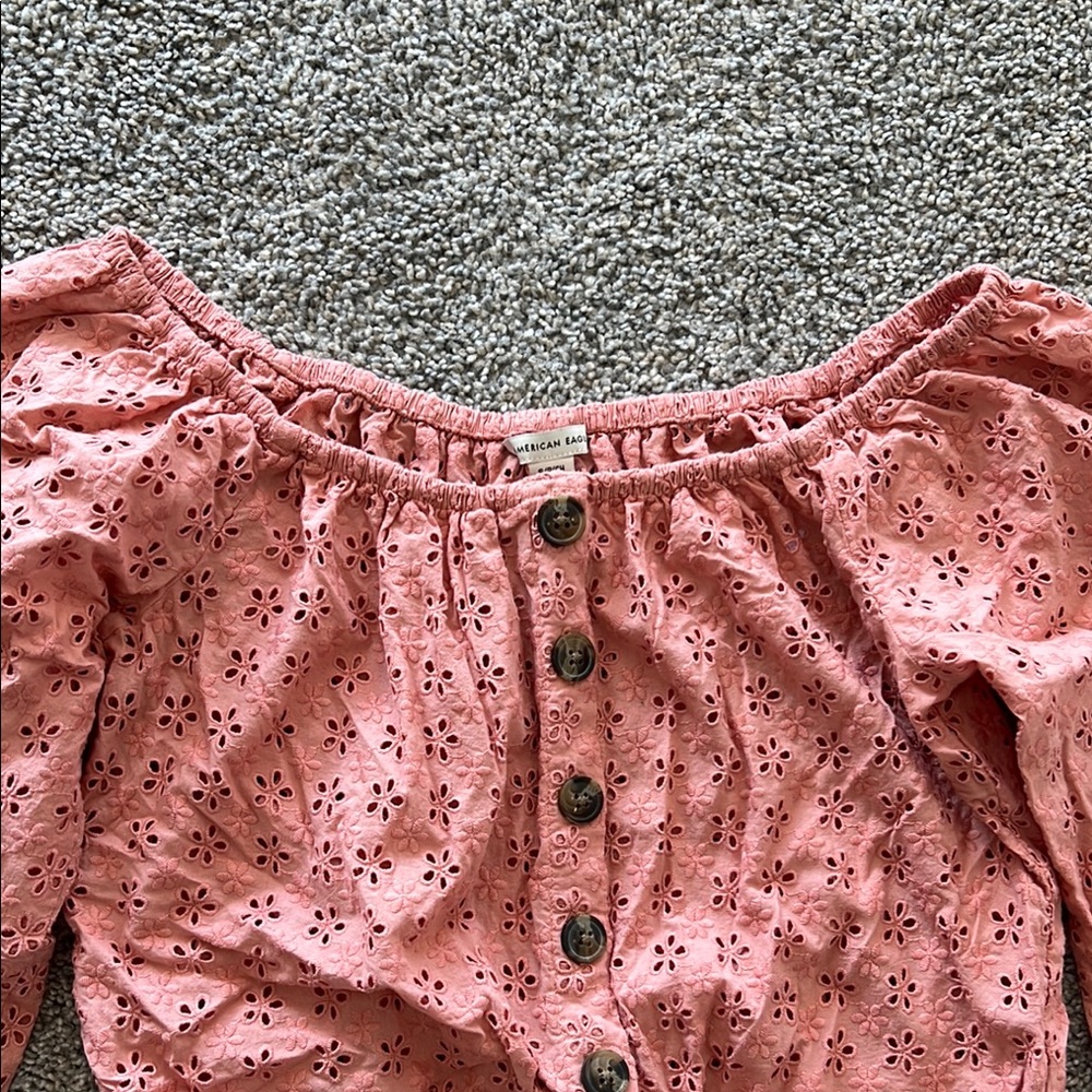 American Eagle Salmon Color Eyelet Tie Front Top - Picture 4 of 7